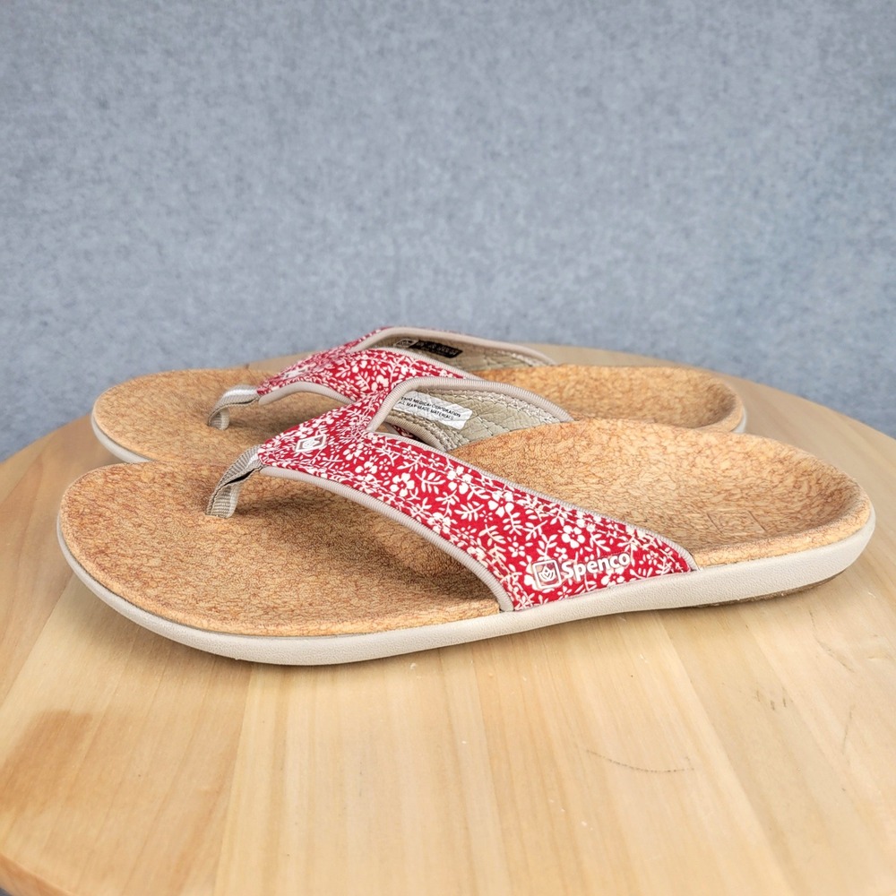 Spenco Yumi Flip Flop Sandals Womens 7 Red White Floral Orthotic Comfort Thong - Picture 2 of 9